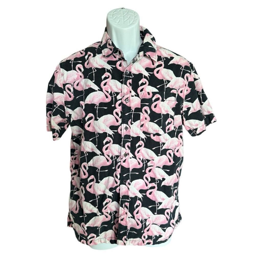 Mens Forever 21 Pink Flamingo Printed Button Down Short-Sleeve Shirt - Sz M
